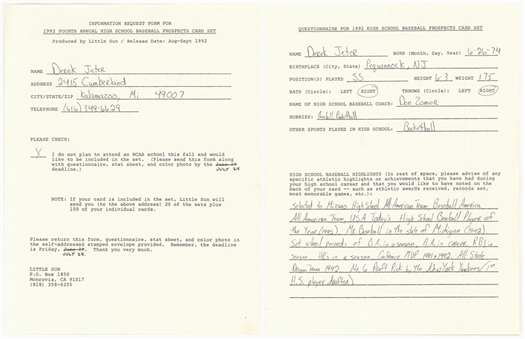 1992 Derek Jeter Signed and Filled Out Original Little Sun Contract & Questionnaire (JSA, Steiner, Little Sun COA)
